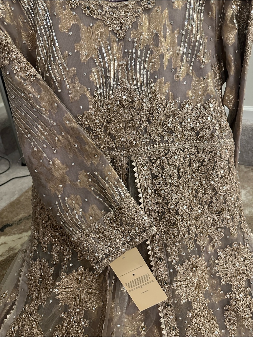 Basheer Embellished Evening Gown in Taupe and Gold - Picture 4 of 7